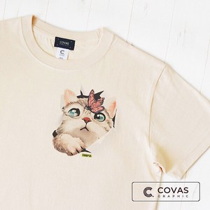 ユニセックス・プリントTシャツ　"猫と蝶"　ナチュラル　半袖 Tシャツ