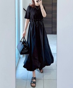 Pre-order Casual Dress black Docking Balloon Skirt Ribbed Knit