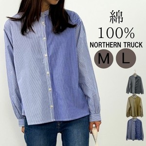 Button Shirt/Blouse Long Sleeves Stripe Tops Ladies' M