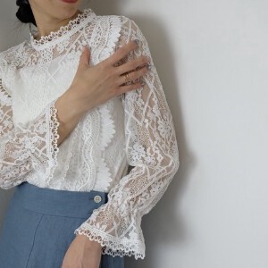Button Shirt/Blouse Lace Blouse Corded Lace Embroidered