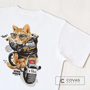 ユニセックス・プリントTシャツ　"猫ライダー"　ホワイト　半袖 Tシャツ