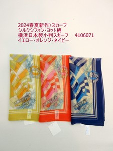 2024春夏新作）スカーフ　シルクシフォン・ヨット柄・横浜日本製小判スカーフ