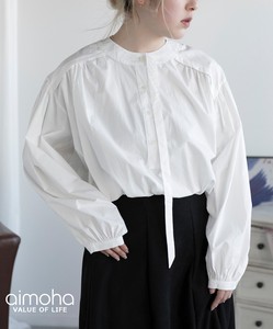 《 aimoha select 》衿デザインブラウス ノーカラー シャツ レディース 長袖 綿 おしゃれ 無地