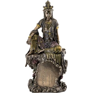 水月観音菩薩像慈悲慈愛愛の女神彫像高さ約40cm ブロンズ風仕上げ仏像彫刻書斎寺院輸入品