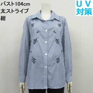 【UV対策】綿混太ストライプ柄花刺繍入りシャツブラウス 88326