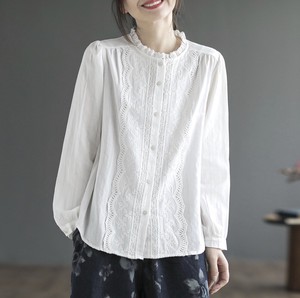 Button Shirt/Blouse Plain Color Long Sleeves Embroidered Ladies'
