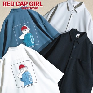 Button Shirt Polyester Stretch Back Natural Embroidered RED CAP GIRL