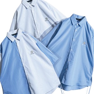 【24SS新作】ポリエステルブロード サイドシャーリング フラワー刺繍 ストライプ 半袖シャツ