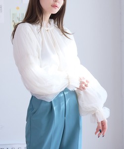 Button Shirt/Blouse Pullover Tulle Ruffle High-Neck Spring Ladies'
