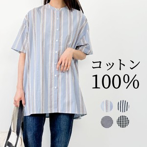 Button Shirt/Blouse Flare Pudding Check Ladies Checkered 5/10 length