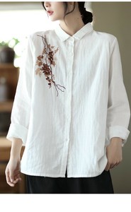 シャツ  無地   長袖  刺繍   ゆったり 綿  レディースファッション TAY04
