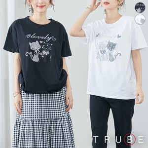 【2024新作】【M〜L】パールラインストーンネコデザインTシャツ(C31-773)(5号店)FM5