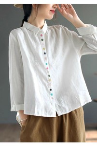 シャツ   長袖  刺繍   ゆったり 麻  レディースファッション  TAY17