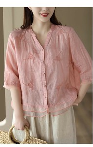 シャツ  五分袖  ゆったり 苎麻 刺繍  レディースファッション TAY18