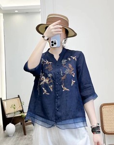 シャツ  五分袖  ゆったり 苎麻 刺繍  レディースファッション   TAY22