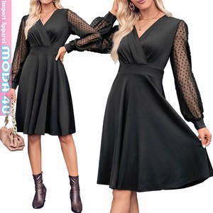 Casual Dress Flare Plain Color Long Sleeves black V-Neck One-piece Dress