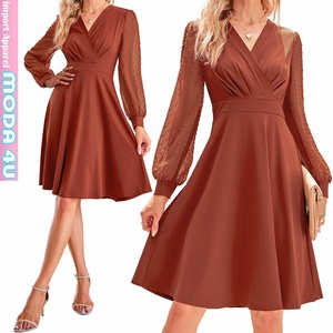 Casual Dress Flare Plain Color Long Sleeves V-Neck One-piece Dress