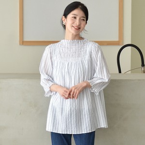 Button Shirt/Blouse Stripe Shirring 7/10 length