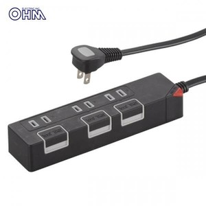 OHM　3口押しボタンスイッチ付きカラー節電タップ　ブラック　HS-T1146K　00-1146