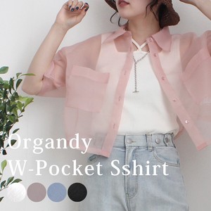 Button Shirt/Blouse Pocket Tops Organdy 2024 Spring/Summer Spring/Summer