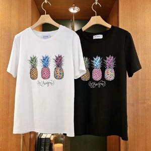 【2024春夏新作】カラフルパイナップルプリントビーズ付きシルケットTシャツ
