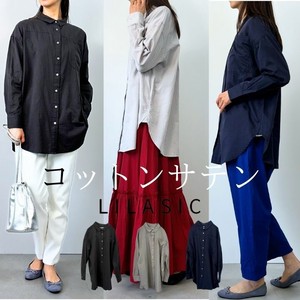 Button Shirt/Blouse Oversized Satin Plain Color Long Sleeves Tops Cotton Ladies'