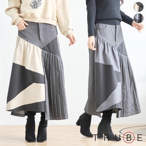 【2024新作】【M〜L】異素材デニムプリーツデザインスカート(C34-457)（1号店）FM1