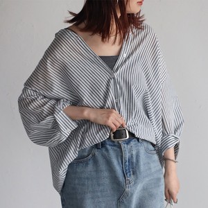Button Shirt/Blouse Waist Stripe V-Neck Puff Sleeve 【2024NEW】