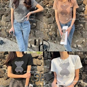 Tシャツ ロゴシャツ キラキラ ラインストーン ビジュー ベア フリーサイズ 韓国 春夏 2024新作 売れ筋