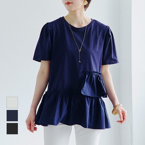 ★裾2段フレアデザインTシャツ　SS　ギャザー　ペプラム　タック　フリル　布帛　異素材