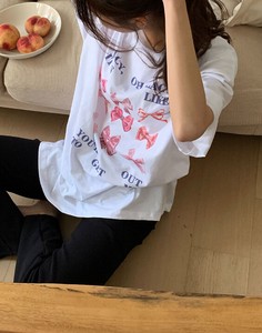 24NEW リボン プリント オーバーサイズ Tシャツ 韓国風 韓国ファッション