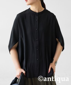 Antiqua Button Shirt/Blouse Plain Color Tops Stand-up Collar Ladies' NEW