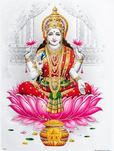〔約40.5cm×約30.5cm〕輝くラメ入り・インドのヒンドゥー神様ポスター - ラクシュミ 美と豊穣の女神