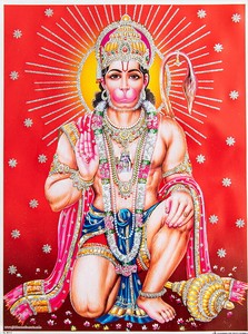 〔約40.5cm×約30.5cm〕輝くラメ入り・インドのヒンドゥー神様ポスター - ハヌマーン 猿族の王子様