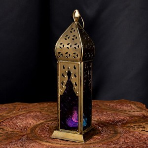 モロッコスタイルの透かし彫りLEDキャンドルランタン〔ロウソク風LEDキャンドル付き〕 - 〔ブルー＆パープ