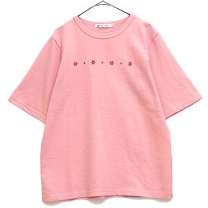 日本製/カラーバリエーション豊富 凹凸のあるサッカー調 お花刺しゅう 5分袖Tシャツ　143520