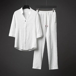 即納  パンツスーツ  五分袖 シャツ + 長いズボン  二点セット  無地    快適 メンズファッション  WXB1222