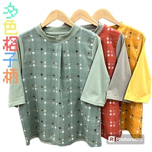 【2024SS】天然素材　フロント多色格子柄切替コットンTシャツ