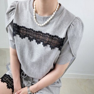 T-shirt Color Palette Lace Sleeve Tulips Cut-and-sew 2024 Spring/Summer