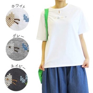 【大きいサイズあり】日本製/ネコ刺繍のハイゲージ半袖Tシャツ　144506