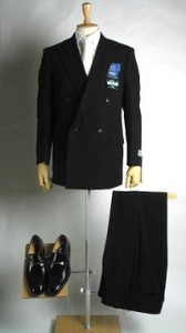 *夏物*ダブル上下：サマーブラックスーツ4B×1：ジャケット＋パンツ【日本製】喪服礼服　アジャスター付き