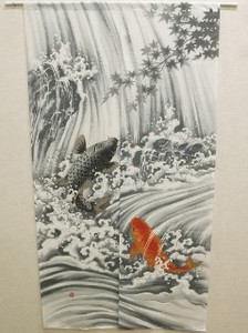 【直送可】日本画風・縁起物のれん『鯉の滝登り（こいのたきのぼり）』グレー85×150cm