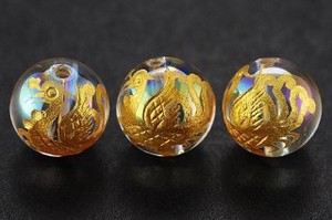 【彫刻ビーズ】オーロラクォーツ 10mm (金彫り) 朱雀