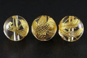 【彫刻ビーズ】水晶 8mm (金彫り) 鳳凰
