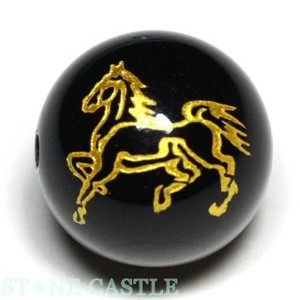 【彫刻ビーズ】オニキス 14mm (金彫り) (線彫り) 馬