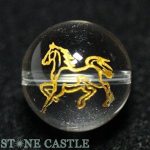 【彫刻ビーズ】水晶 14mm (金彫り) (線彫り) 馬