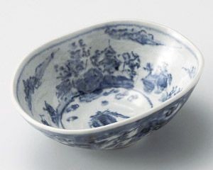 青締古染山水楕円鉢【日本製　美濃焼】