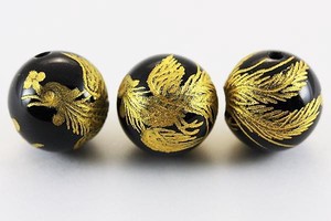 【彫刻ビーズ】オニキス 14mm (金彫り) 鳳凰