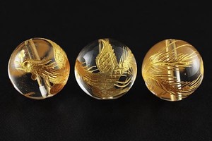 【彫刻ビーズ】水晶 14mm (金彫り) 鳳凰