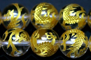 【彫刻ビーズ】水晶 12mm (金彫り) 青龍